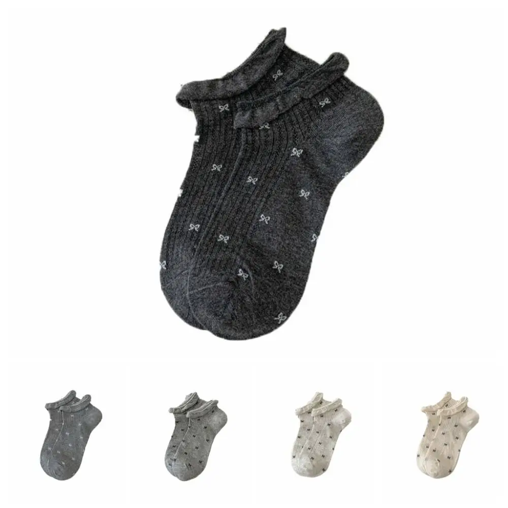 5 paires de chaussettes courtes en maille douce avec nœud, à volants, respirantes, douces, Style Ballet, bonneterie, Tube pour femmes
