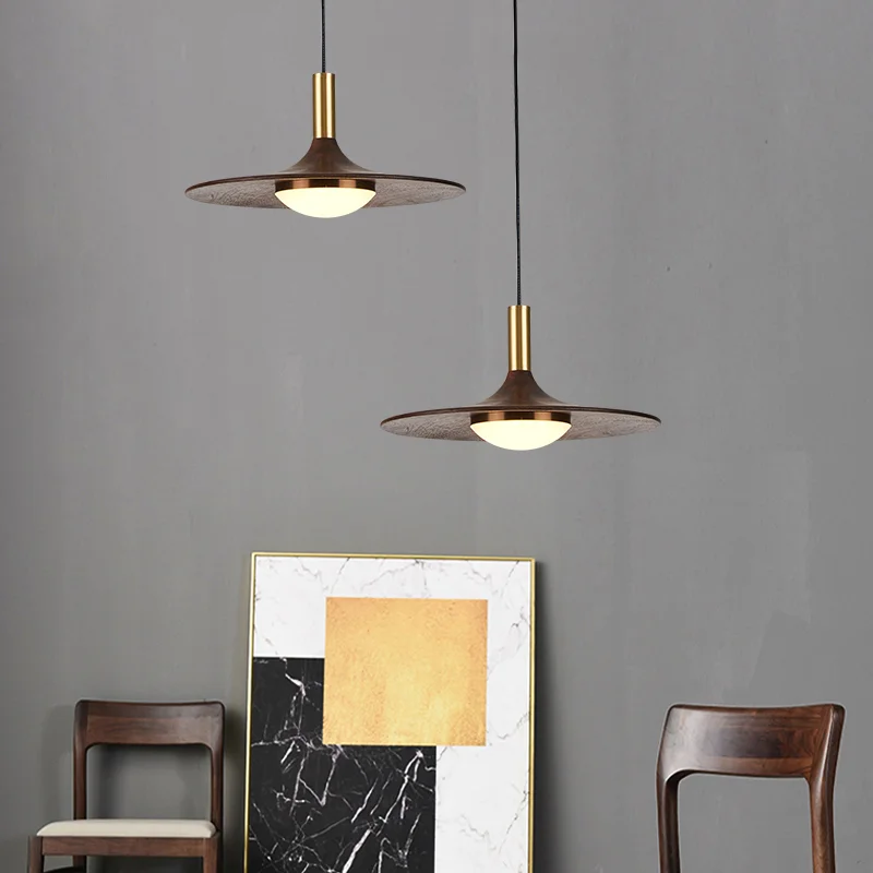 Kryty orzech z litego drewna LED żyrandol do restauracji Cafe Bar wystrój salonu Nordic Vintage lampy wiszące sypialnia Homestay