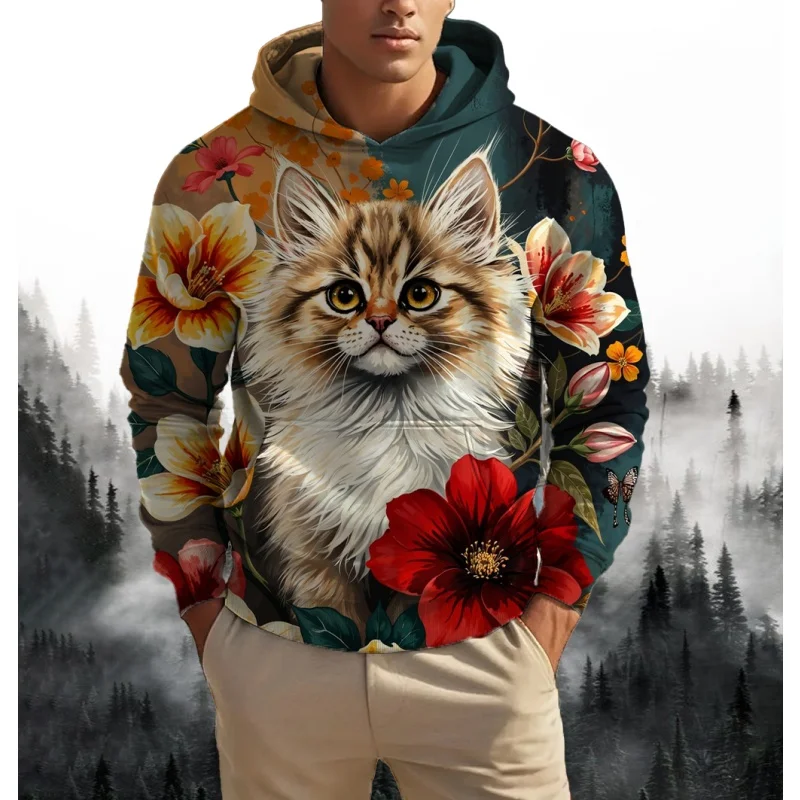 3D Printed Flower Cat Moon Hoodies For Men Animal Night Sky Pattern Hoodie Breathable Oversized Pullover Long Sleeves Sweatshirt