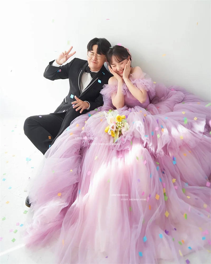 LISM Elegant Purple Tulle A-Line Evening Dresses Korea Photo Shoot Off The Shoulder Sweetheart Tiered Ruffles Formal Dress 2025