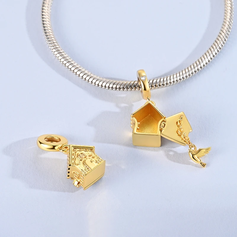 Original 925 Sterling Silver Charm Bead Openable Gold Cuckoo Clock Pendant Fit Original Bracelets Necklace DIY Accessories