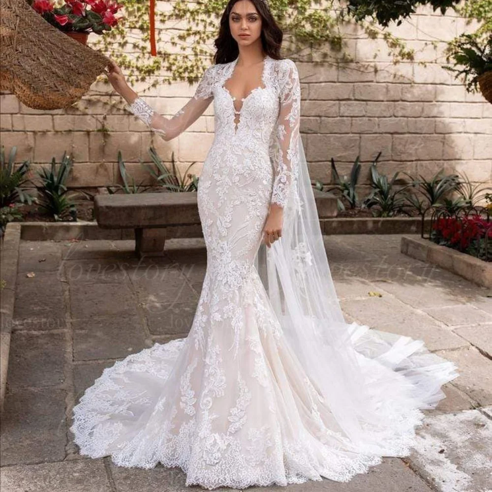 فساتين زفاف مخصصة بأكمام طويلة فساتين زفاف فاخرة من الدانتيل حورية البحر فساتين زفاف رائعة بطول الأرض فيستدو دي نوفيا