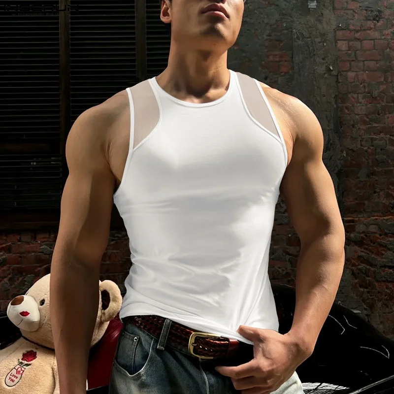 

INCERUN Summer Men Tank Tops Mesh Patchwork O-neck Sleeveless Male Vests Streewear 2025 Sexy Fashion Casual Men Clothing S-3XL