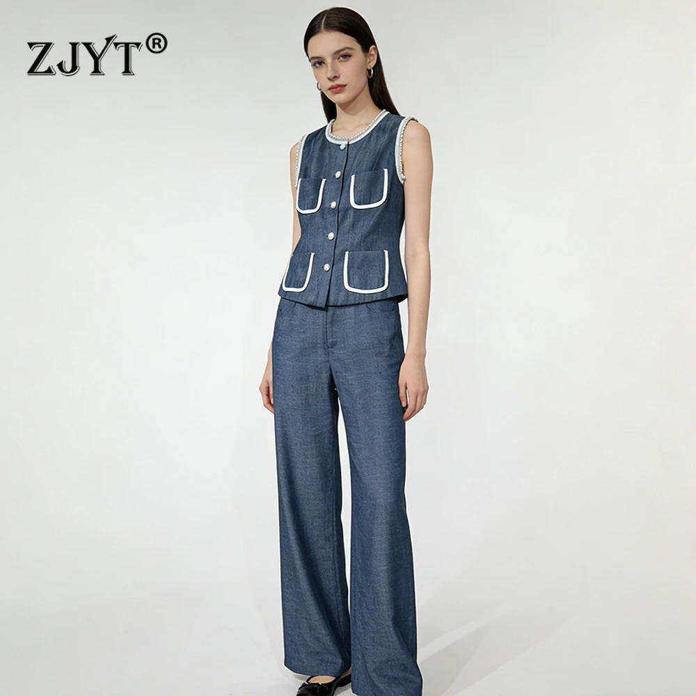 

ZJYT Summer Designer Sleeveless Top and Wide Leg Pants 2 Piece Matching Sets Office Lady Casual Trousers Suit Clothes Blue