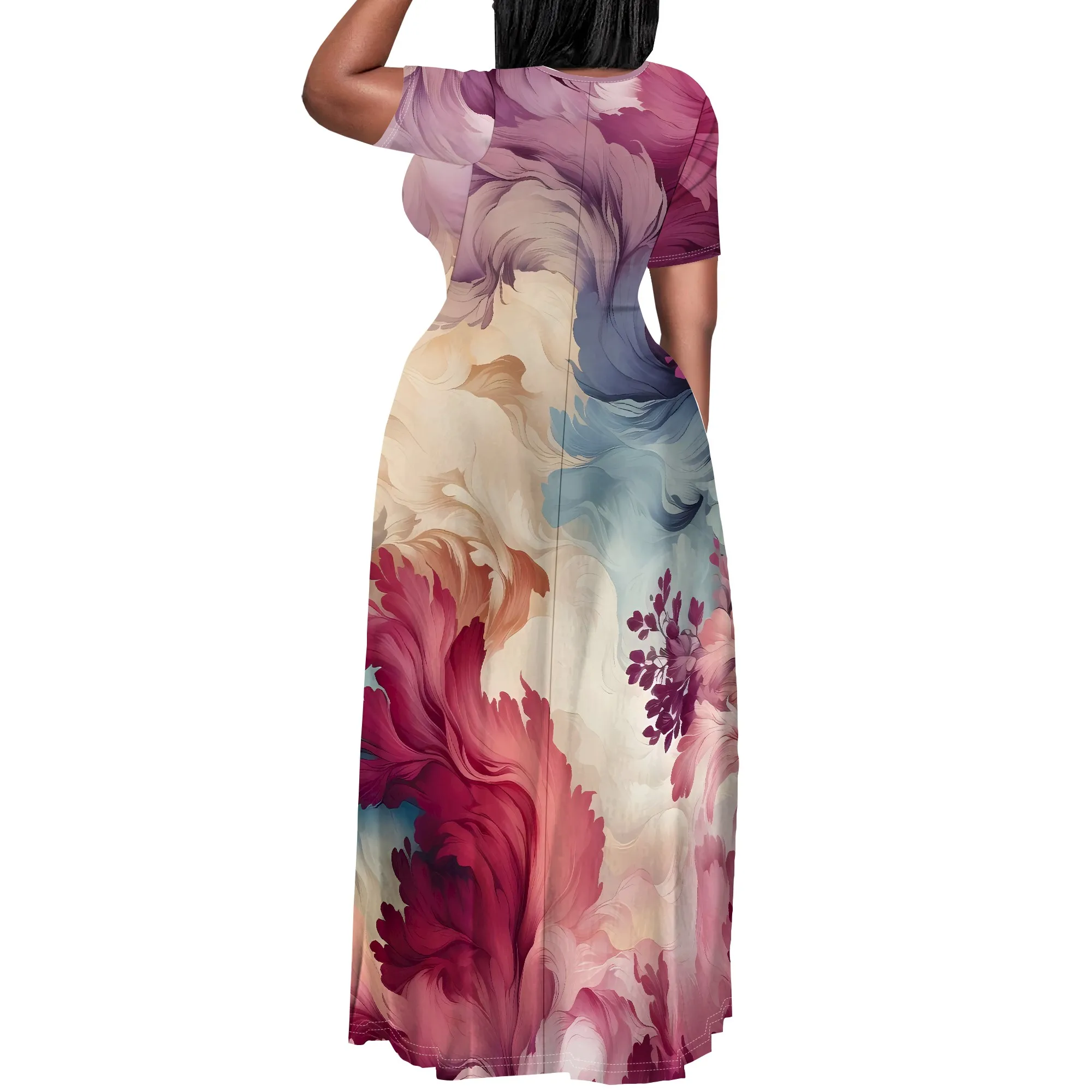 Plus Size Gradient Peony Print Maxi Dress for Women Summer Casual Short Sleeve Flowy Gown