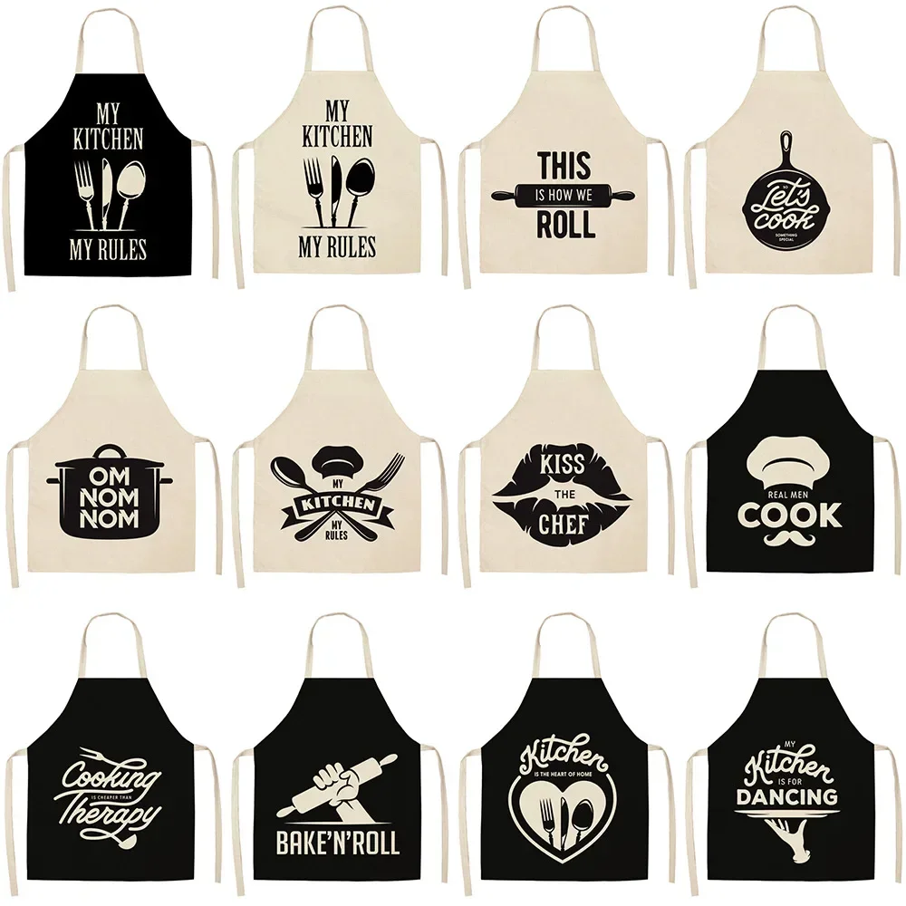 Black and white creative printed kitchen sleeve -free apron chef oil anti -pollution apron kitchen cooking cleaning tool