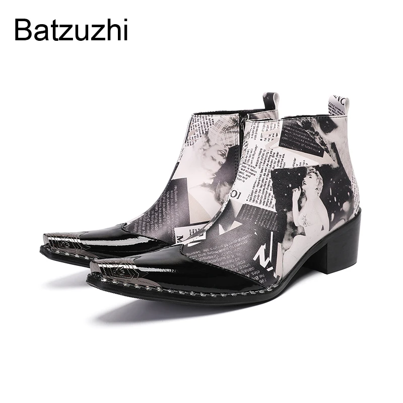 Batzuzhi Korean Style Men's Boots Pointed Toe Zip Leather Ankle Boots for Man Business/Party/Wedding Boots Man 6cm Heels