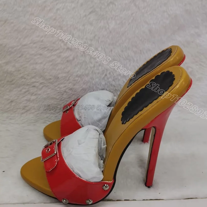

Red Rivet Decor Stiletto Slippers Open Toe Slip on British Style Fashion Summer Women Party Casual Shoes Zapatos Para Mujere