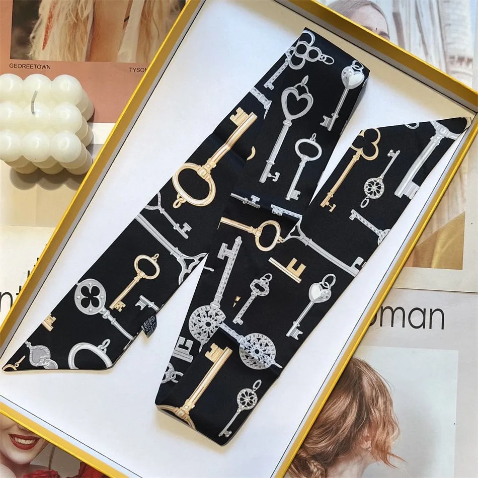 European Style Scarf Four Seasons Present Key Pattern Twill Headband Versatile HandbagHandle Ribbon Women Fashion Accessories