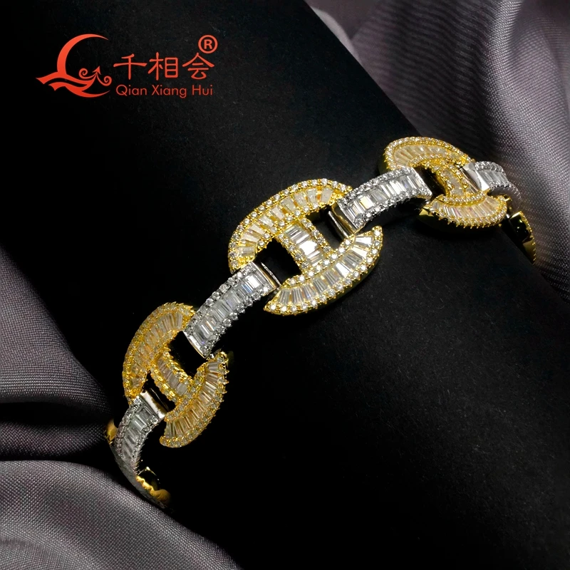 

Double Color 15mm Pig Nose Cuban Link Bracelet Silver 925 Baguette Hip Hop D Moissanite Chain Jewelry for Women And Men