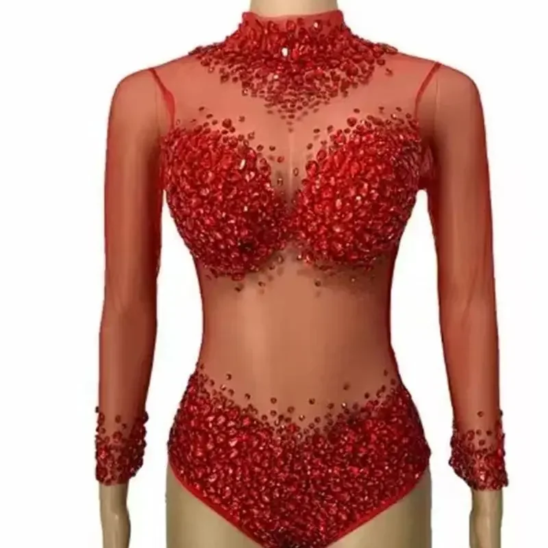 Body Sexy de malla transparente con piedras para mujer, traje de fiesta de cumpleaños, mamelucos de diamantes de imitación, baile de equipo de cantante, rosa, blanco, azul