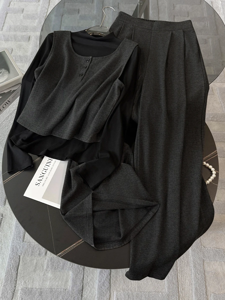 

Fashionable Hong Kong Style Layered Set Women's Winter Trendy Grey Vest Top Inner Wear Base Shirt Wide Leg Pants Three Piece Set