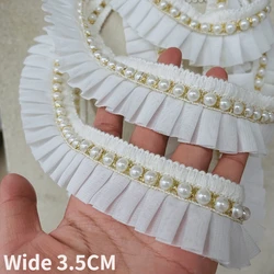 3.5CM Wide White Chiffon Pleats Wed Lace Fabric Needlework Ribbon Frills Glitter Beaded Fringe Lace Edge Trim Sequin Dress Decor