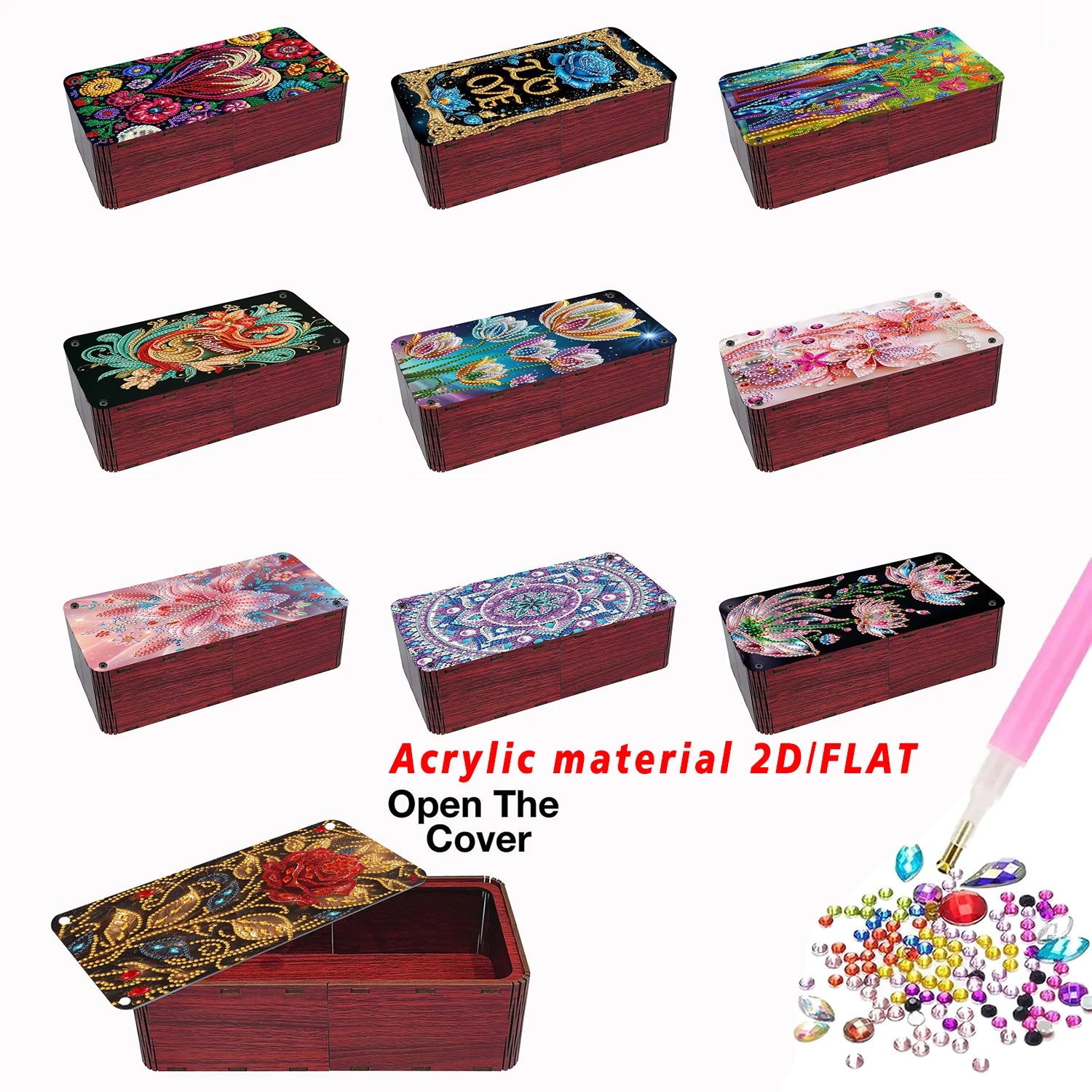 

Набор прямоугольных настольных ящиков для хранения ромбовидного красного цвета с креативным красочным цветочным дизайном, идеальный праздничный подарок-сюрприз.