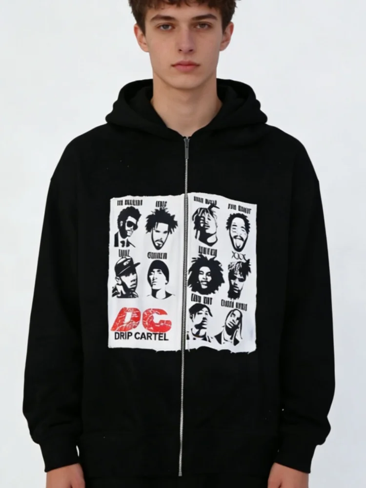 Neue Ankunft Menschlicher Kopf Applikation Stickerei Lose Zip Hoodie Unisex Langarm Sweatshirt Casual Streetwear