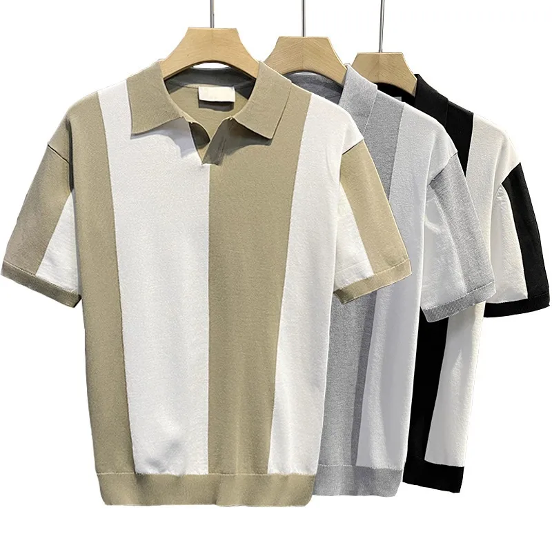 

2026 Summer Casual Loose Trend Men's Short-sleeved Polo Shirt Color Matching Lapel Breathable Men's Knitted Sweater