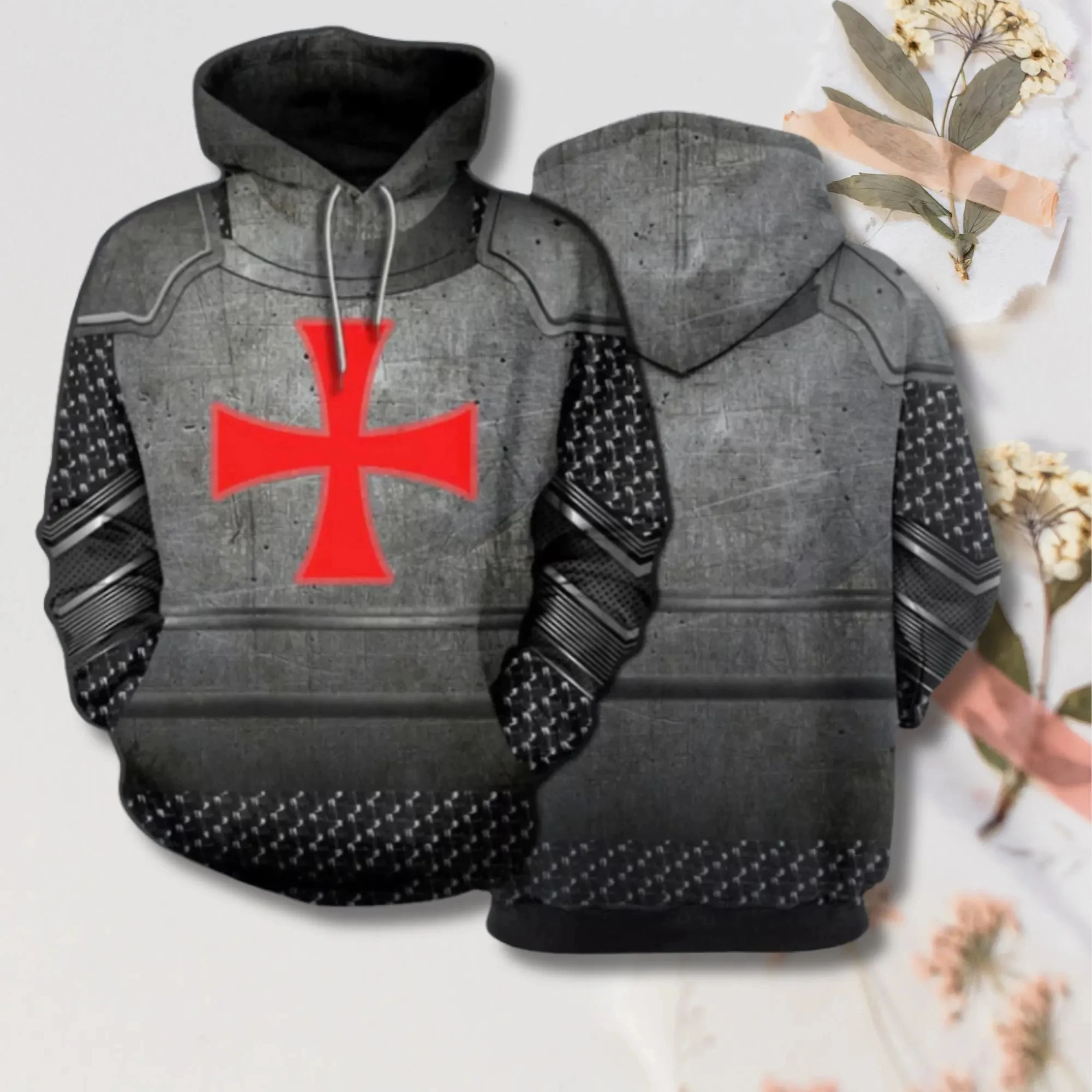 Templar Knight Armor Hoodie, Red Crusader Cross 3D Battle Suit Pullover, Medieval Warrior Cosplay Sweatshirt, Gothic Christian
