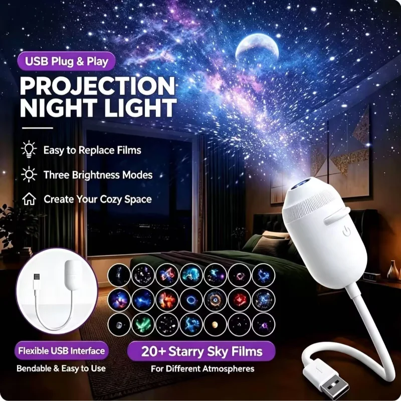 New HD Smart Starry Sky Projector Night Light 360° Adjustable Galaxy Atmosphere Lamp USB Plug And Play For Car Interior Bedroom