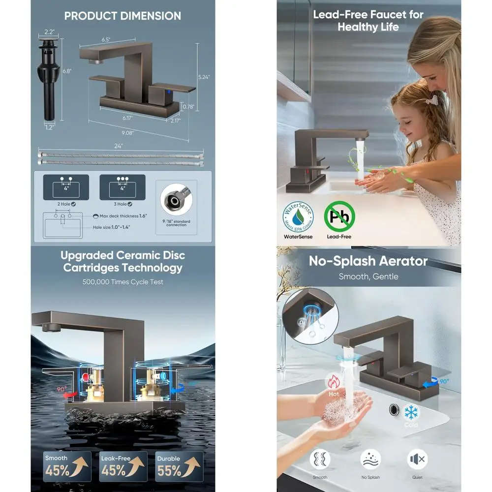 

Смеситель для раковины с 3 отверстиями, квадратный, цвета состаренной бронзы, с выдвижным сливным клапаном, 2 ручками, 2 шлангами, из бессвинцовой нержавеющей стали, для ванной комнаты