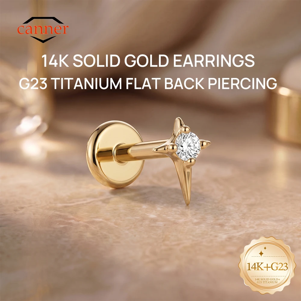 CANNER 1PC 14K Solid Gold Four-pointed Star CZ Flat Back Threaded Cartilage Piercing Stud Earring Women Hypoallergenic Gift