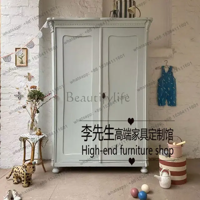 

French retro green double door wardrobe simple American solid wood carving flower bedroom locker