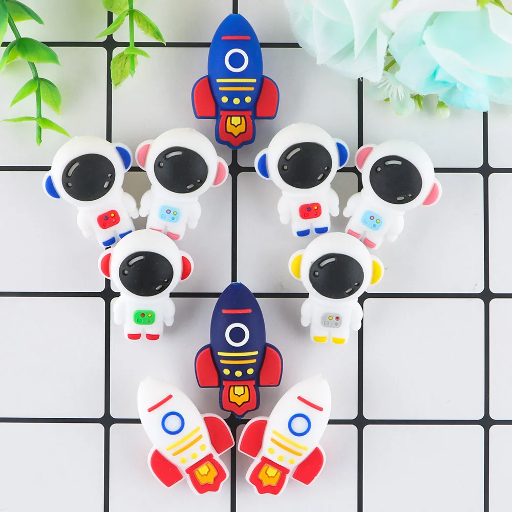 Sunrony 6Pcs New 3D Silicone Focal Beads Cartoon Astronaut Rocket Bead For Jewelry Making DIY Necklace Jewelry Accessories