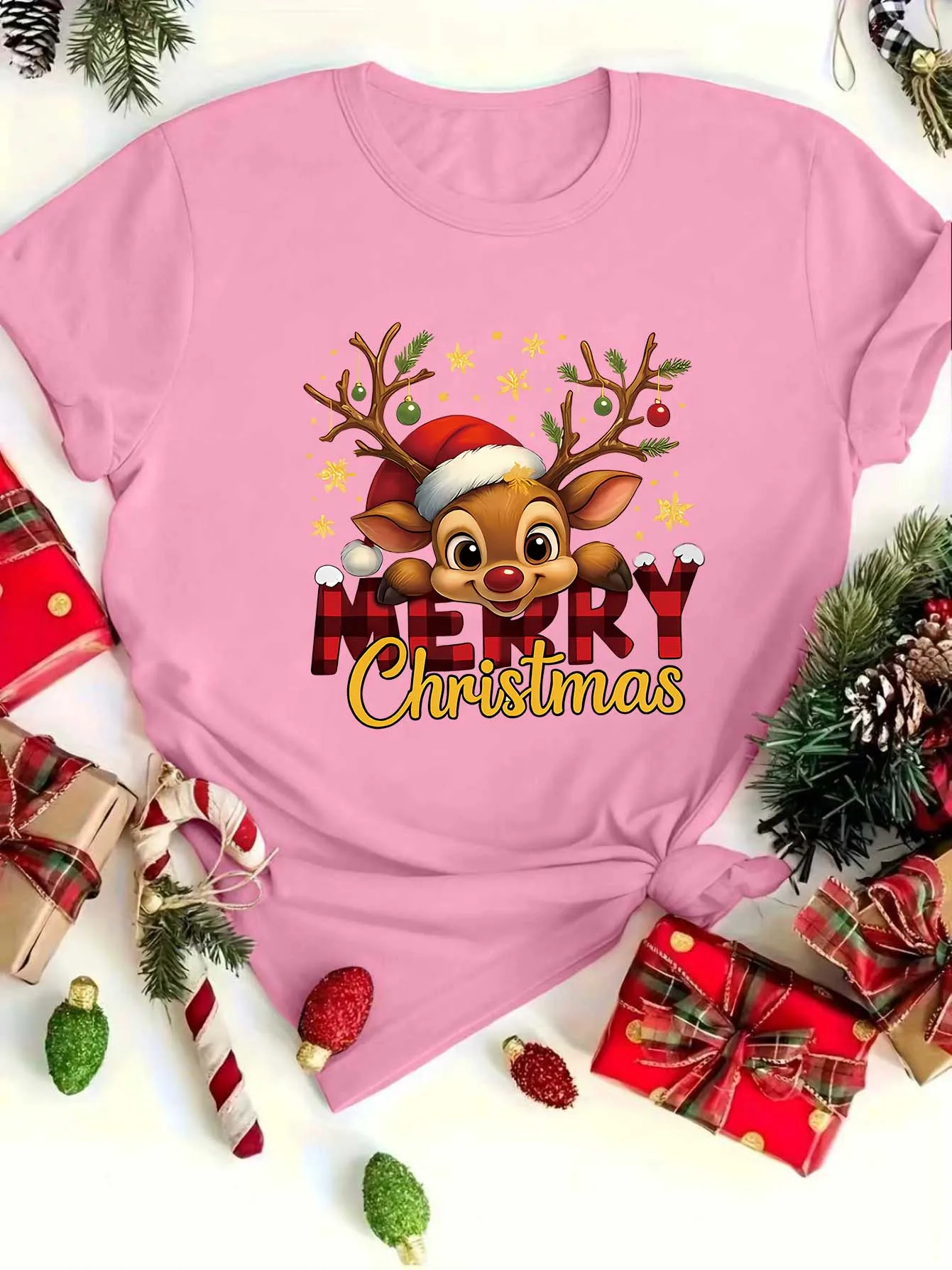  Women'S Christmas T-Shirt Cute Rudolph the Red-Nosed Reindeer Merry Christmas Print Y2k Ladies Clothes OversizedWoman Clothing