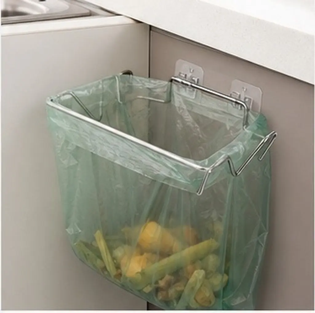 4Sets Trash Bag Holder Stainless Steel Hanging Design Kitchen Bathroom Garbage Storage Rack Cabinet Door Stickers Included