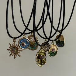 Vintage Drip Oil Flower Sun Pendant Necklace with Leather Rope Unique Antique Style Jewelry Accessory