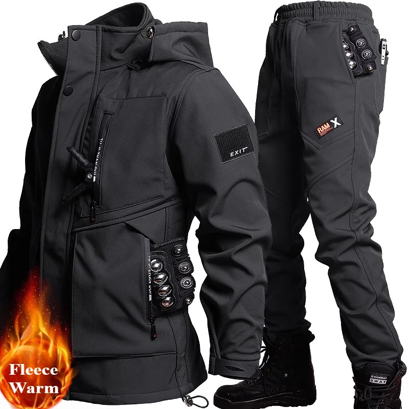 Fleece Winter Outdoor Set Mens Multi Pocket Waterproof Thicken Tactical Hunting Suit Windproof Warm Hooded Jackets 2-piece