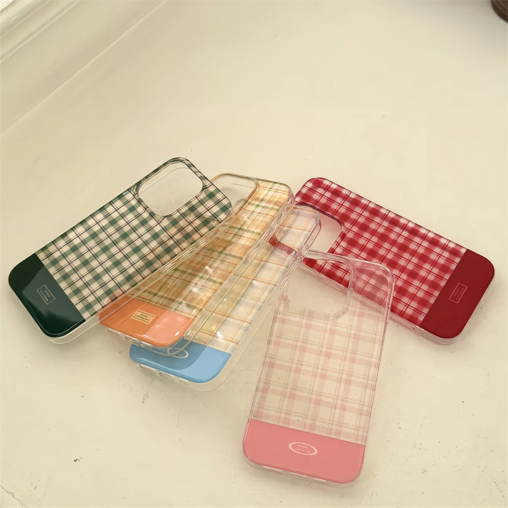 Korea INS Cute Dopamine Color Block Match Plaid Clear Phone Case For iPhone 16 15 14 13 Pro Max Tartan Soft Silicone Back Cover