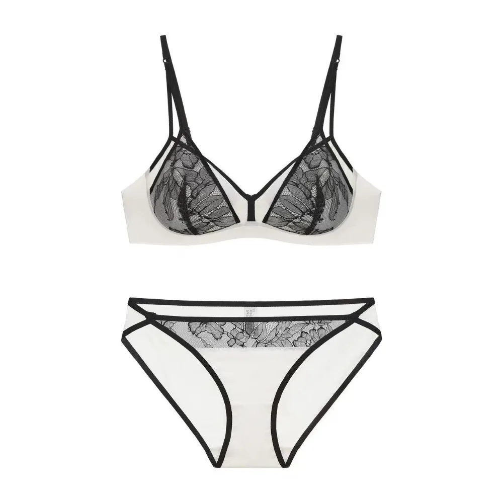 BANERDANNI Contrast Color Lace Triangle Cup Bra Set Women Summer Thin Wireless French Style Push‑Up Pure Sexy Lingerie Underwear
