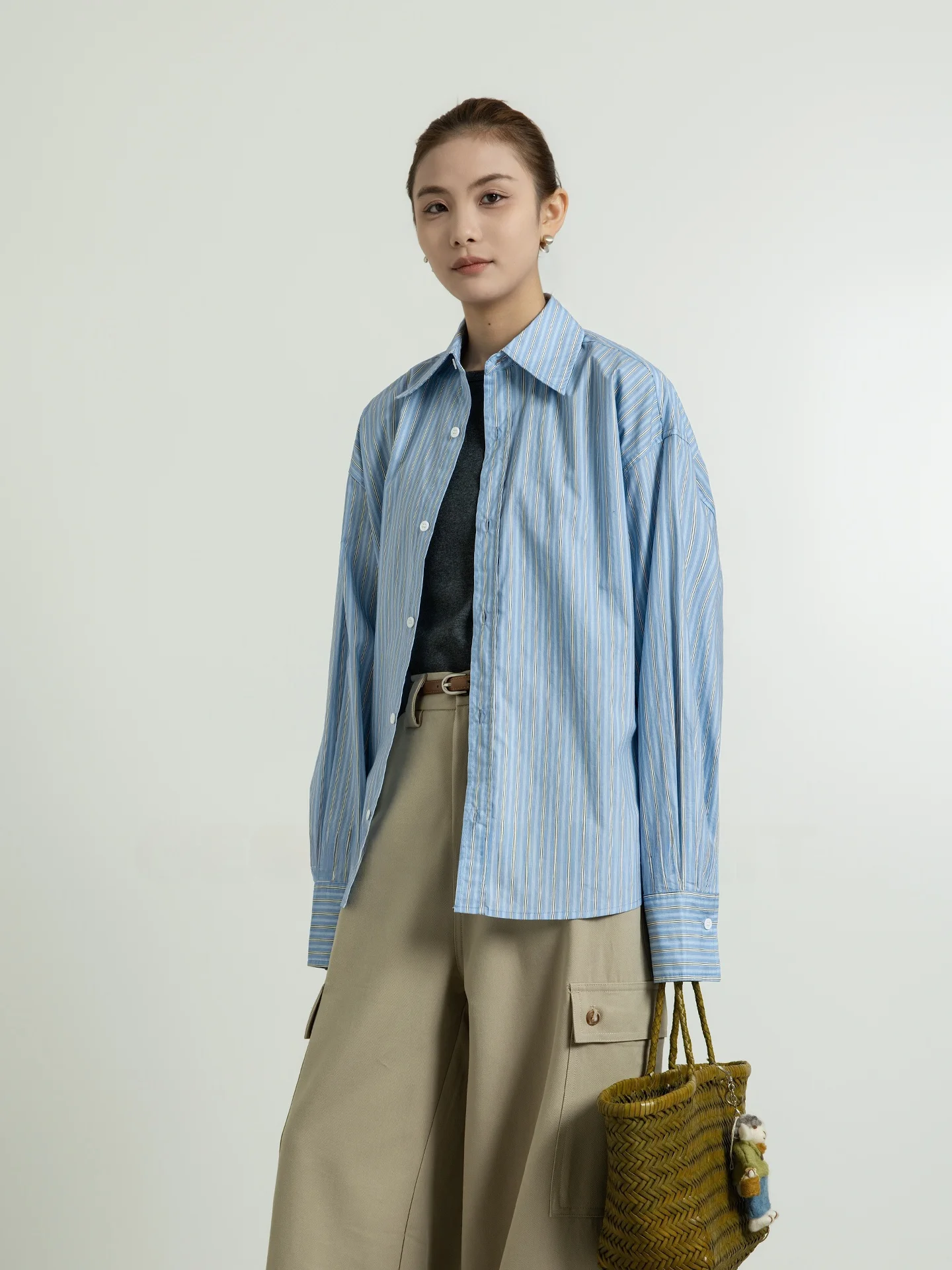 

Loose Long Sve Blue Striped Casual irt Women's Spring New Sle Geometry Unit Simple Sle Cotton Breathable Casual Top