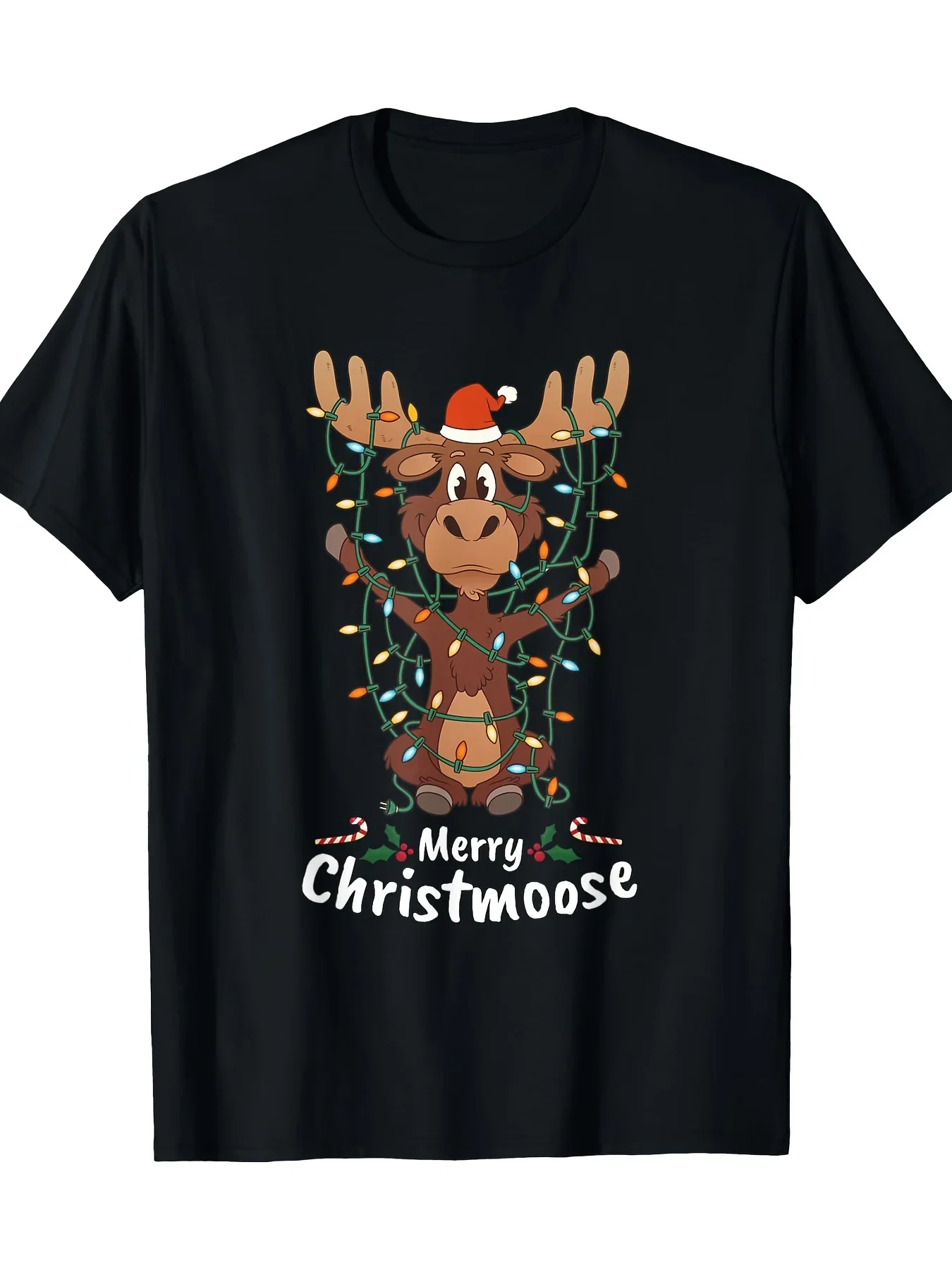 

Merry Christmoose Funny Moose Entangled in Christmas Lights Graphic Tee Men's Soft Cotton T-Shirt