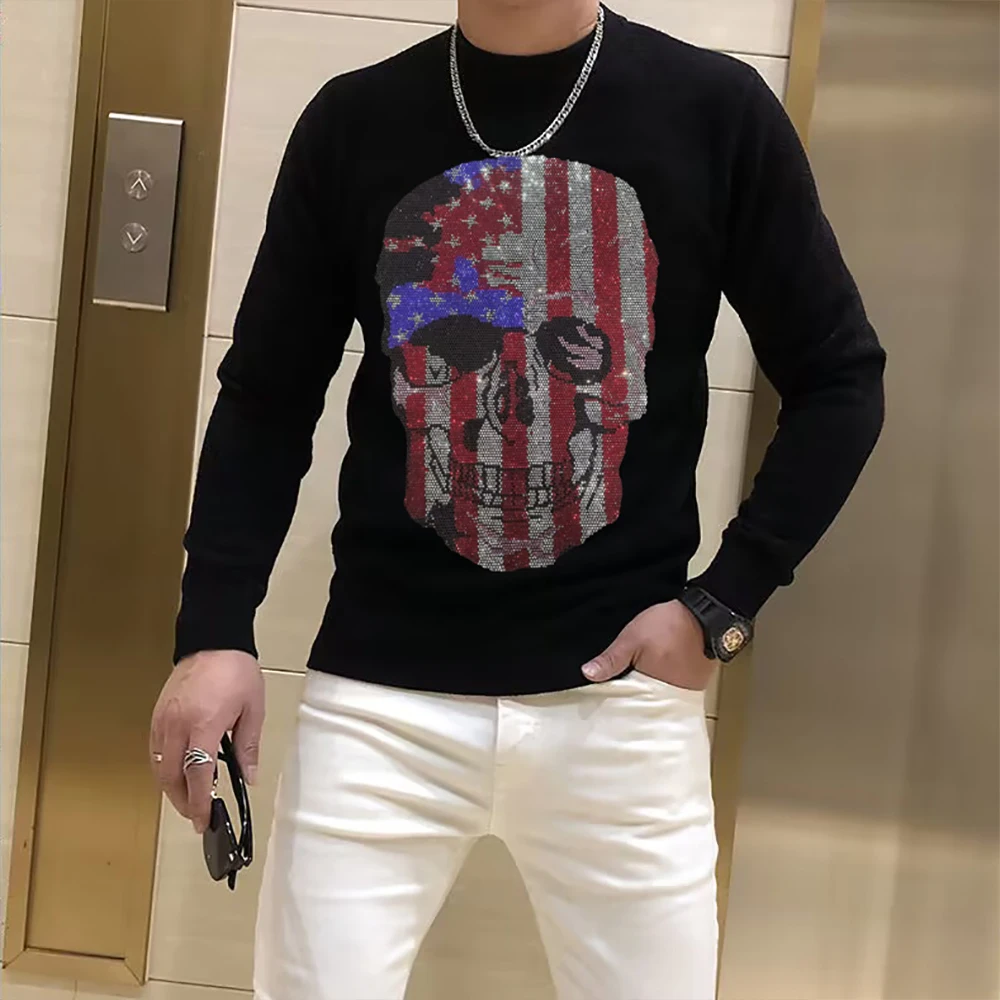 الرجال حجر الراين سترة الجمجمة البلوز الموضة العصرية طاقم الرقبة طويلة الأكمام الفاخرة الشارع الشهير العلامة التجارية ملابس الذكور عادية