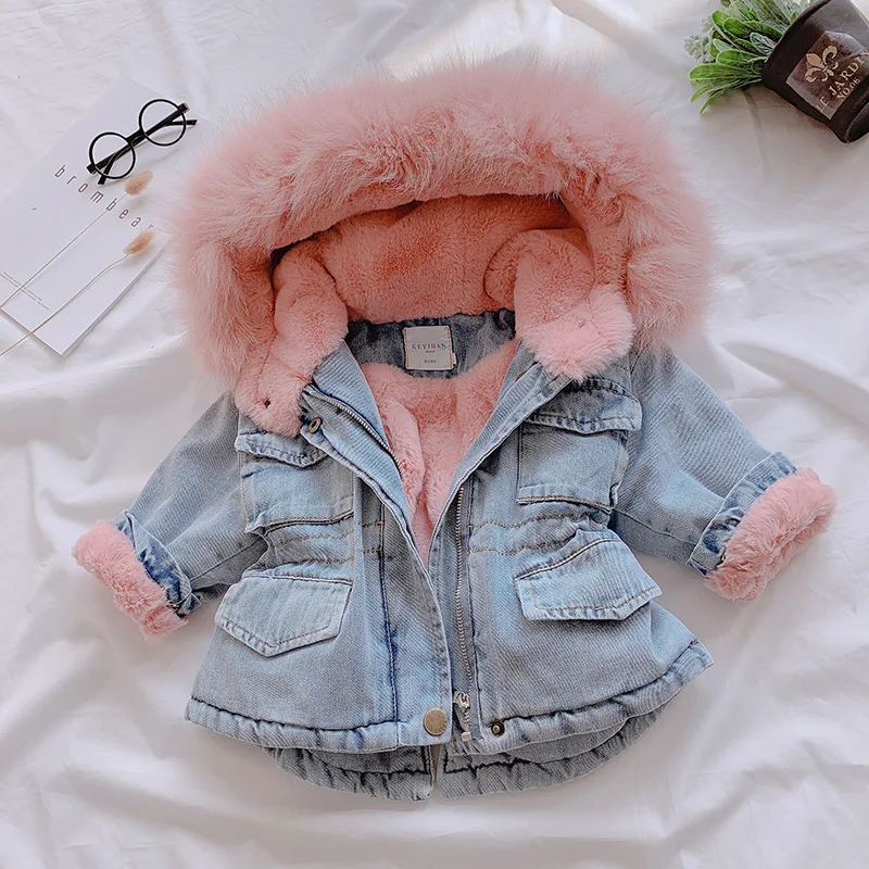 Cappotto per bambini autunno e inverno tinta unita peluche addensato caldo colletto in Denim cappotto da ragazza con cappuccio vestiti caldi per