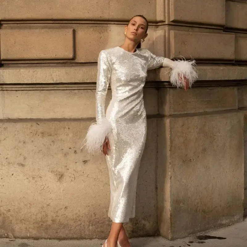 

Women O Neck Long Sleeve Luxury Sequin Feather Midi Dress Elegant Celebrity White Sequin Bodycon Dress Evening Party Club