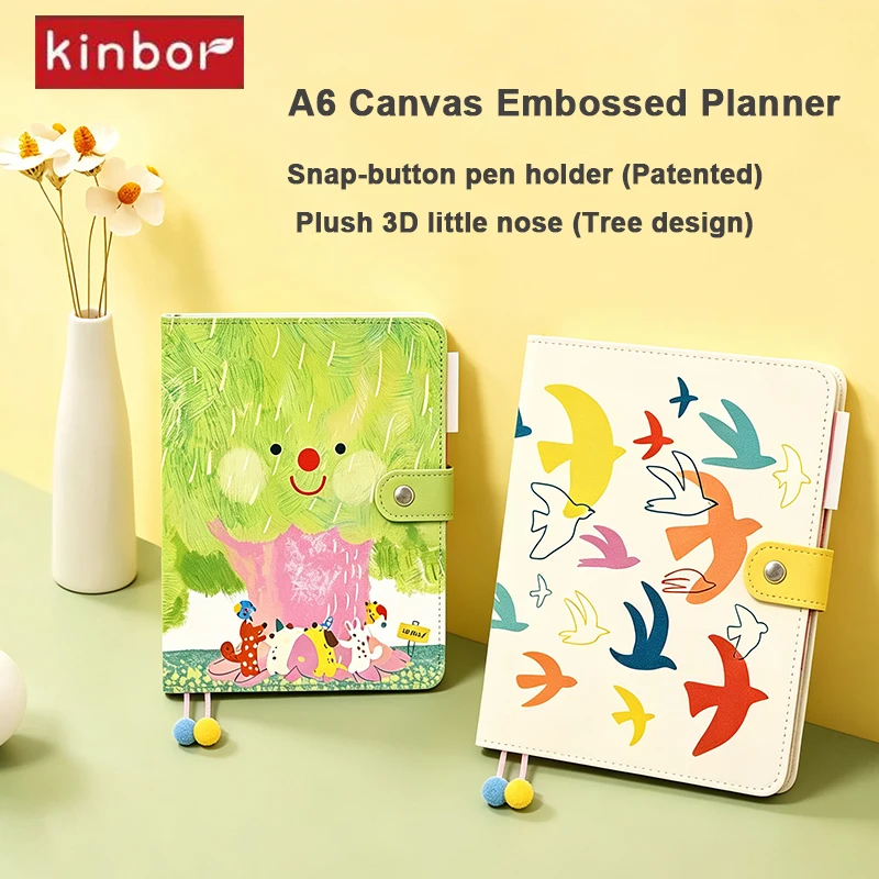Kinbor Undated Business Notebook A6 Loose-Leaf Cute Canvas Cover Back Pocket Daily Time Management Notepad Meeting Account Tools