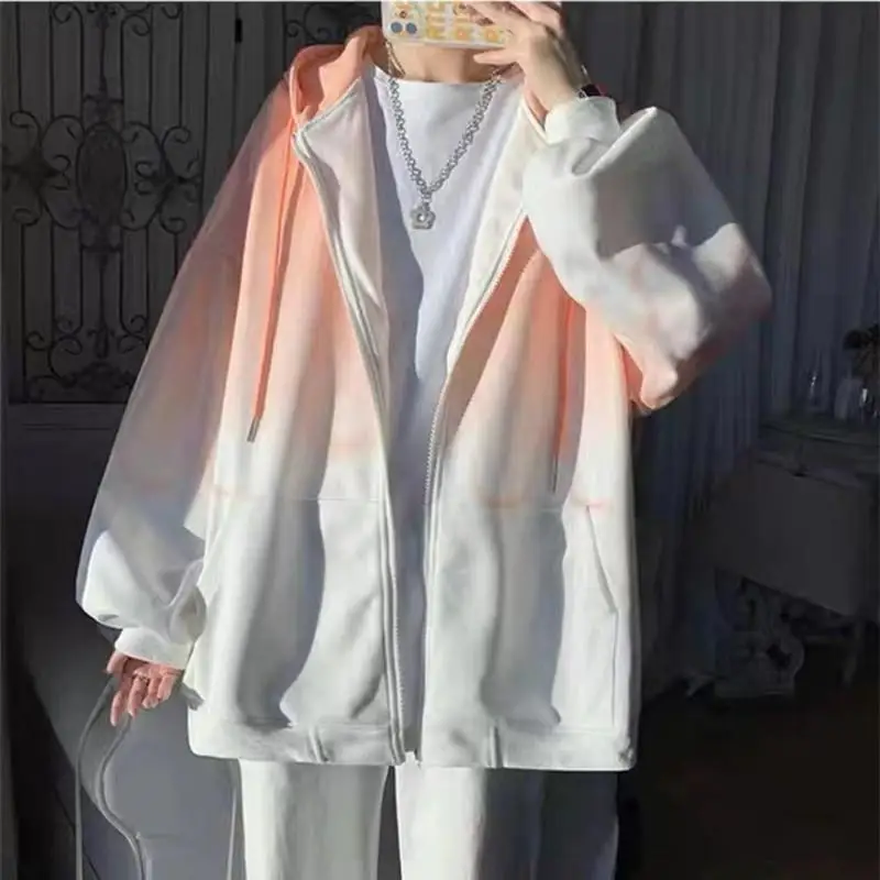 Women Men Gradient Hoodies Spring Autumn Fashion Gradual Change Cardigan Jacket Coat Students Couples Sweatshirts Outwear