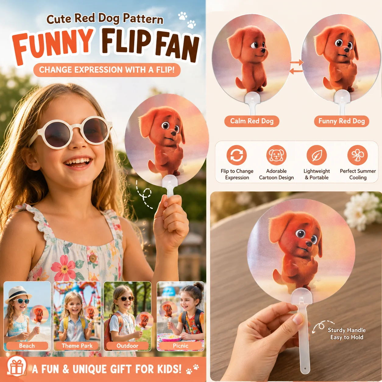 Round Portable Handheld Cooling Fan, Funny Cartoon Red Dog Lenticular Pattern Changing PVC Fan for Summer Daily Use