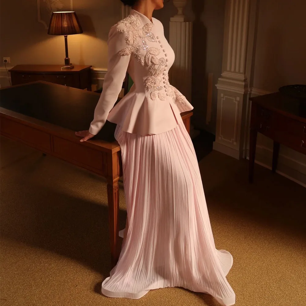 

Customized Elegant Embroidery Prom Dress Front Button Ruched Peplum Dresses Pink A Line Wedding Guest Maxi Dress