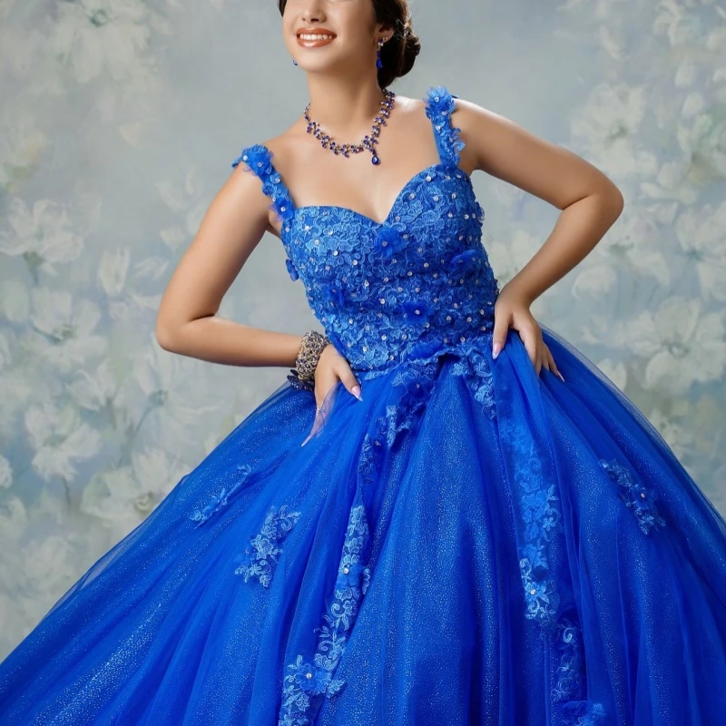 

Royal Blue Quinceanera Dresses Off The Shoulder Applique Lace Beads Tull Corset Party Birthday Sweet 16 Dres Vestidos 15 De Anos