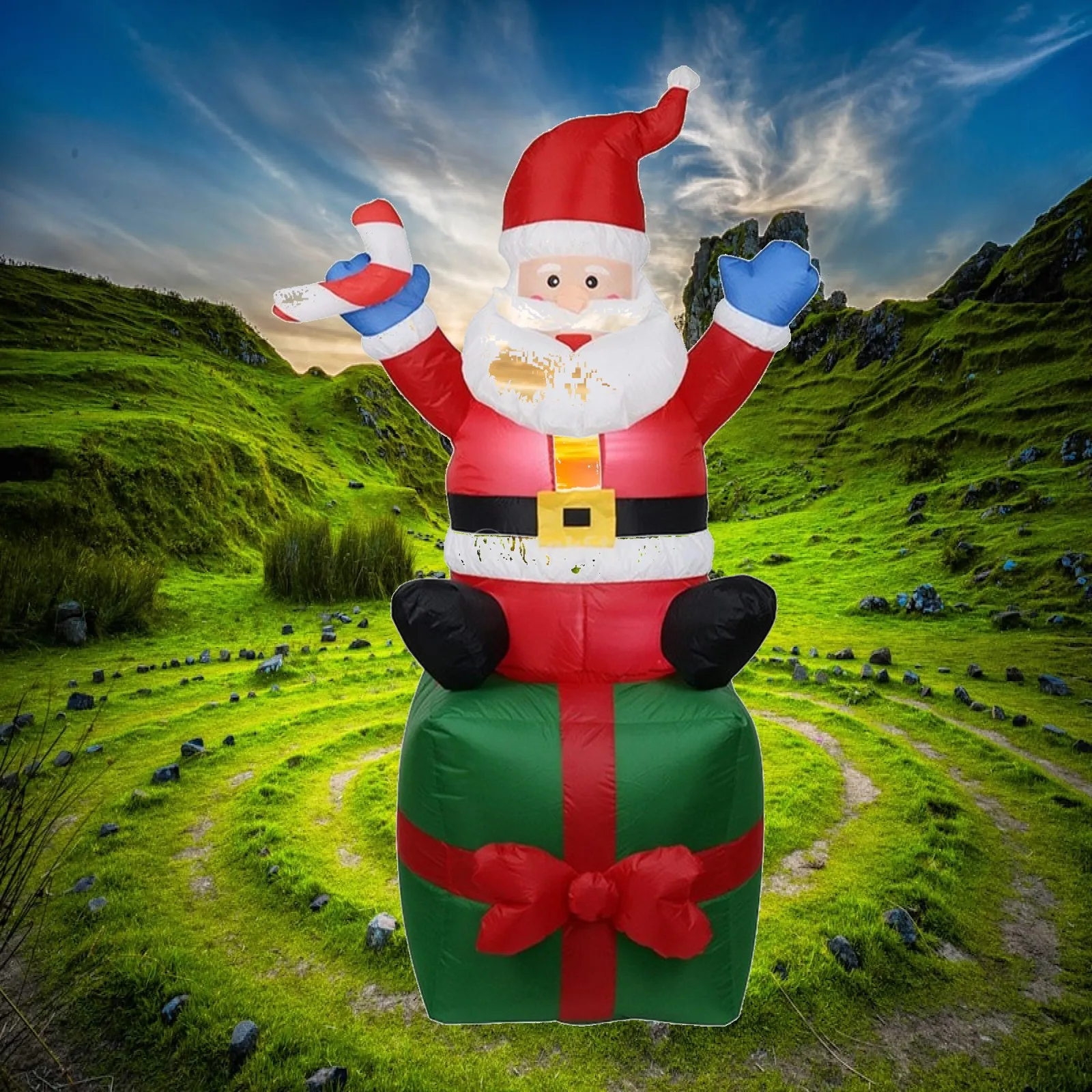 Inflatable Santa with Gift-Box Base Festive Holiday Display, Eye-Catching Centerpiece, Inflatable Santa Christmas figure, for
