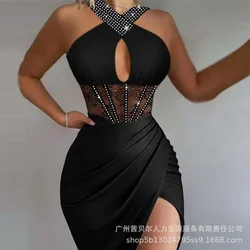 New Women's Clothing Solid Color Satin Tight Mini Bodycon Dress Sleeveless Halter Neck Fashion Sexy Hollow Out Dress