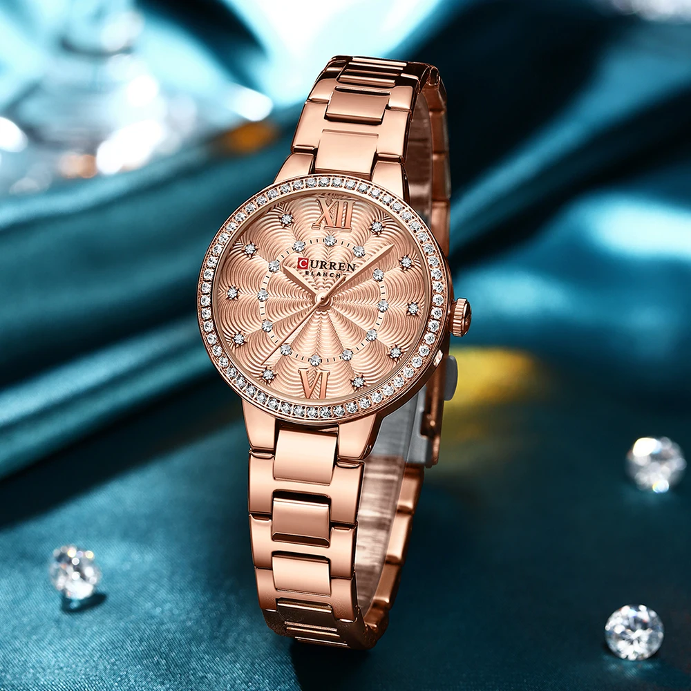 CURREN Quartz Wristwatches for Wommen Luxury Rhinestones Rose Dial Fashion Watches with Stainless Steel Band New