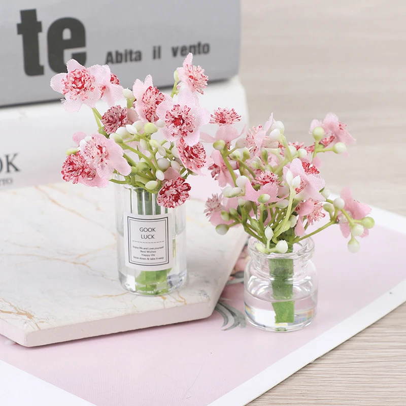 1:12 Dollhouse Miniature Jasmine Pink Flower Vase Set Model Decor AccessoriesFurniture Home Decor Simulation Potted Plants