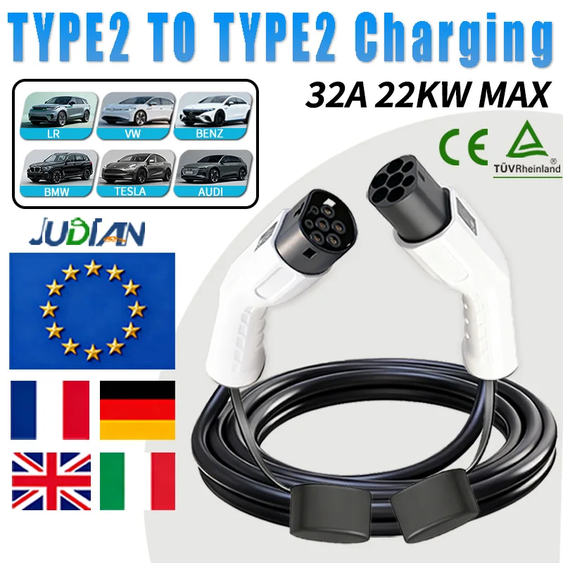 

Кабель для зарядки электромобилей WEISHUN 22 кВт, Type2 - Type2, 32А, с разъемами Type2 (женский) и Type2 (мужской), для зарядных станций EVES, 3/5/10 м