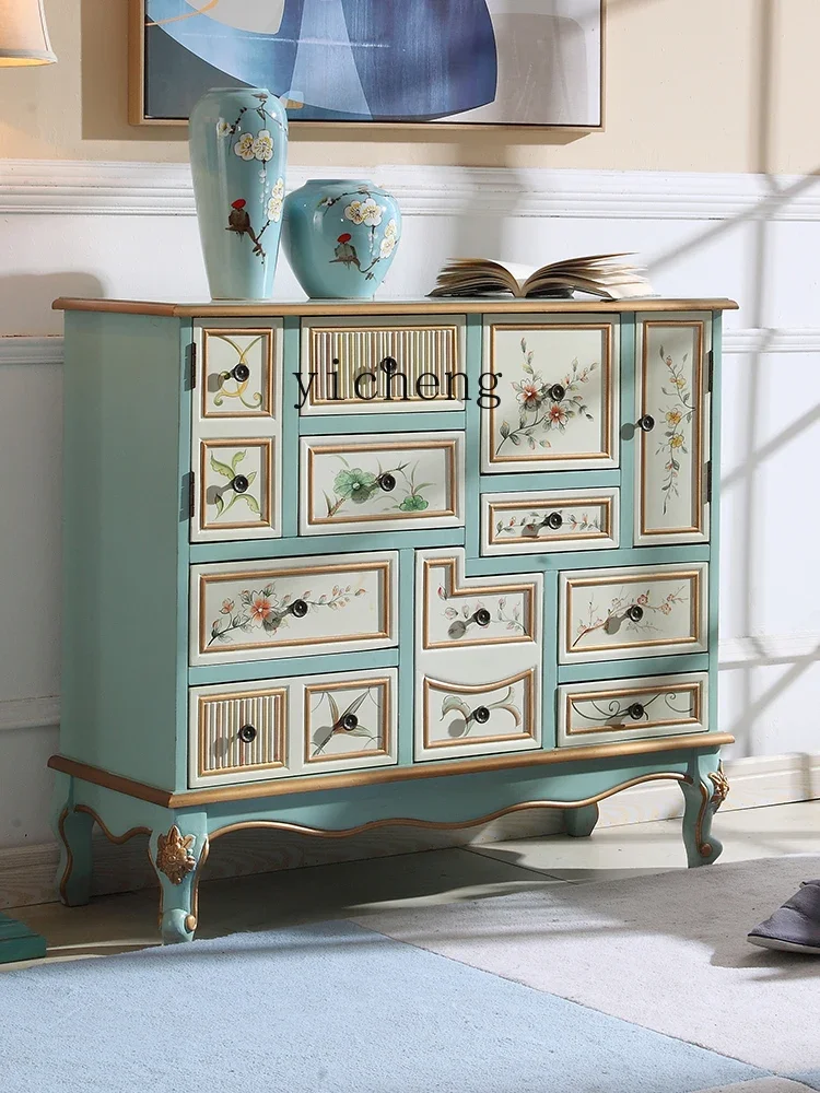 ZC Chest of Drawers Mediterranean Retro Distressed Paint Flower Sideboard Cabinet Living Room Locker Multi-Grid Storage Cabinet