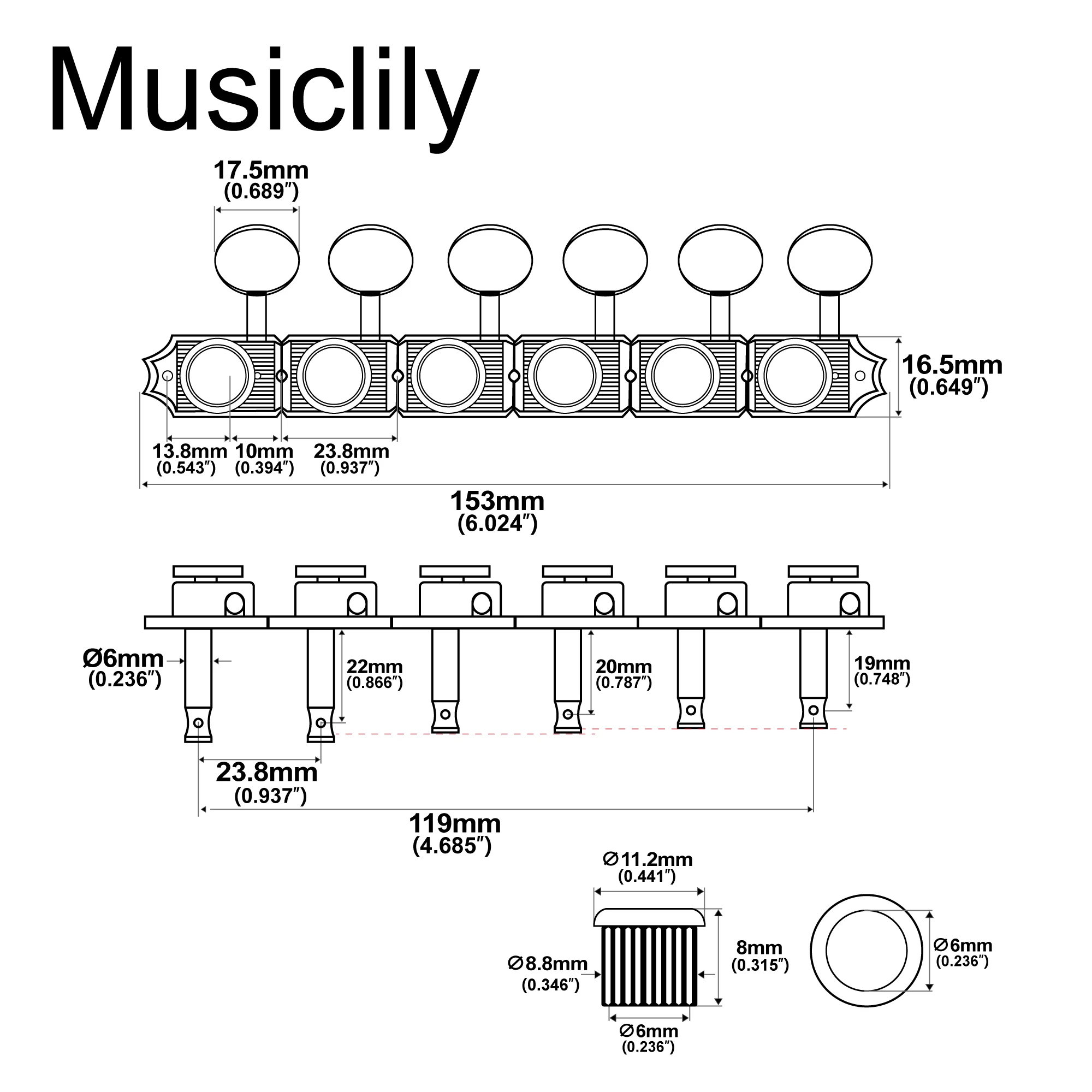 Musiclily Ultra R18T 6-in-line 18:1 Ratio Semi Closed Vintage Hybrid Staggered Locking Machine Heads Tuners  for Fender SQ ST TL