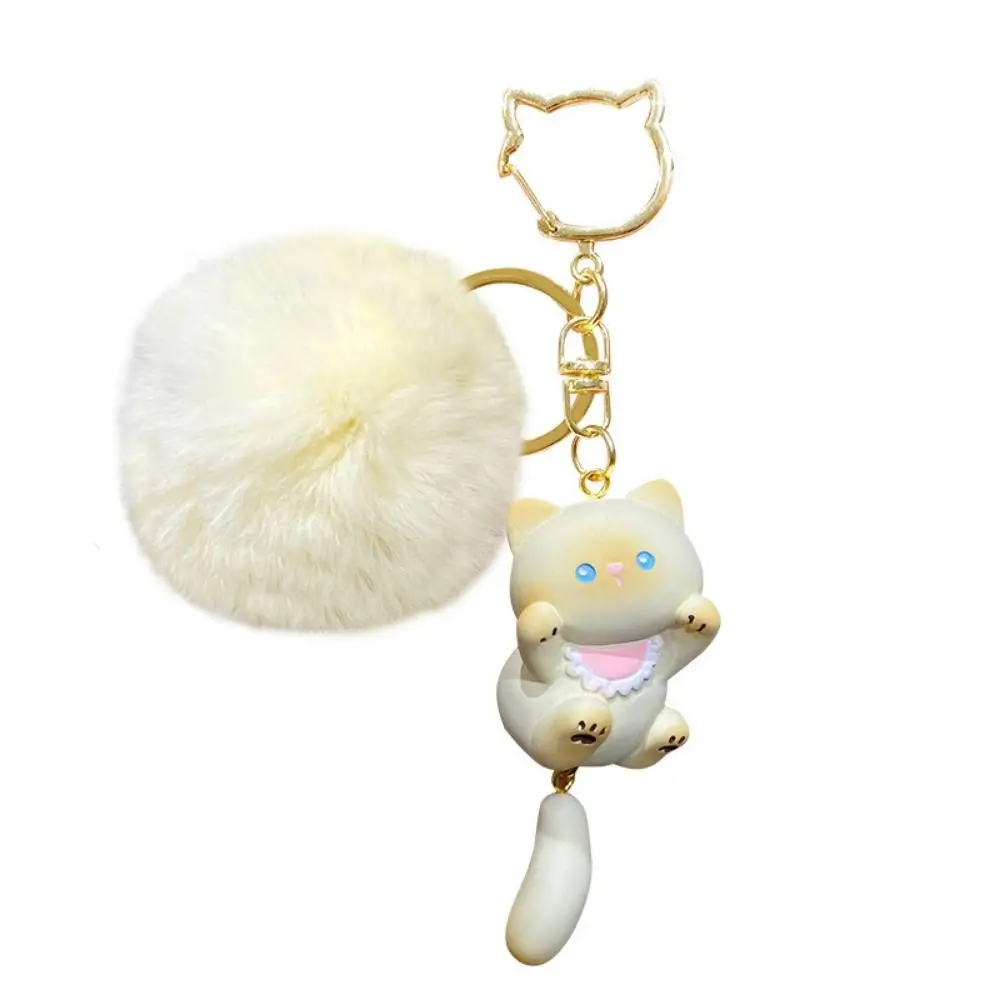 

Creative With Fluffy Fur Ball Vitality Cat Keychain Trendy Cute Schoolbag Pendant Cartoon Resin Car Key Ring Girl